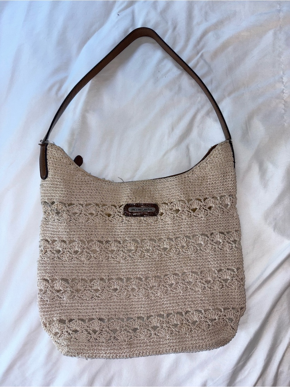 Jaclyn Smith Beige Crochet Shoulder Bag with Brown Strap